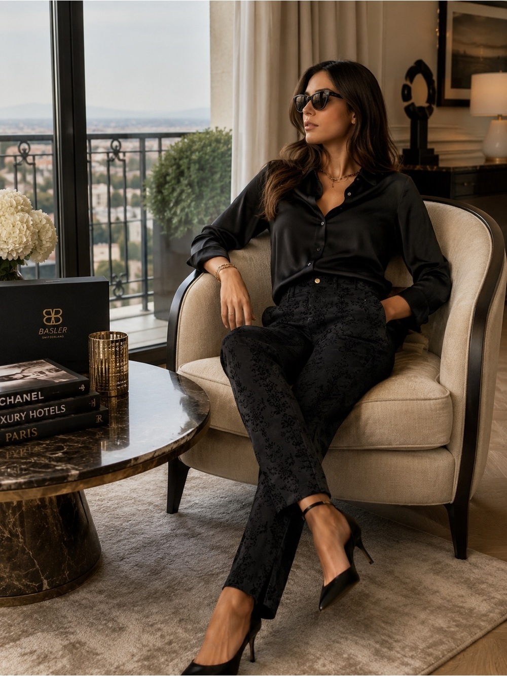 Basler Luxury European Black Flocked Damask Jeans Quiet Luxury Germany